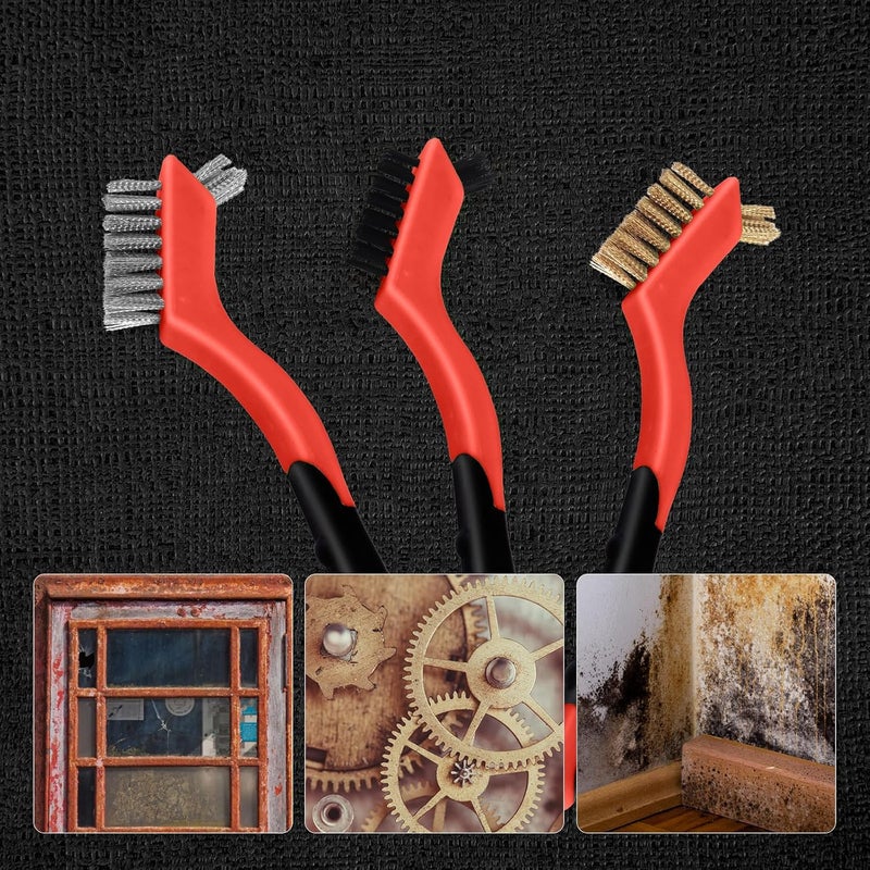 MAXMAN Wire Brush Set 6Pcs, Small Wire Brushes for Cleaning, Rust Remover, Scrub Brush, Detailing Brush, Metal Brush, Stainless Steel/ Brass/ Nylon Bristles Bristle Brush, Scratch Brush, (Red) - Image 4
